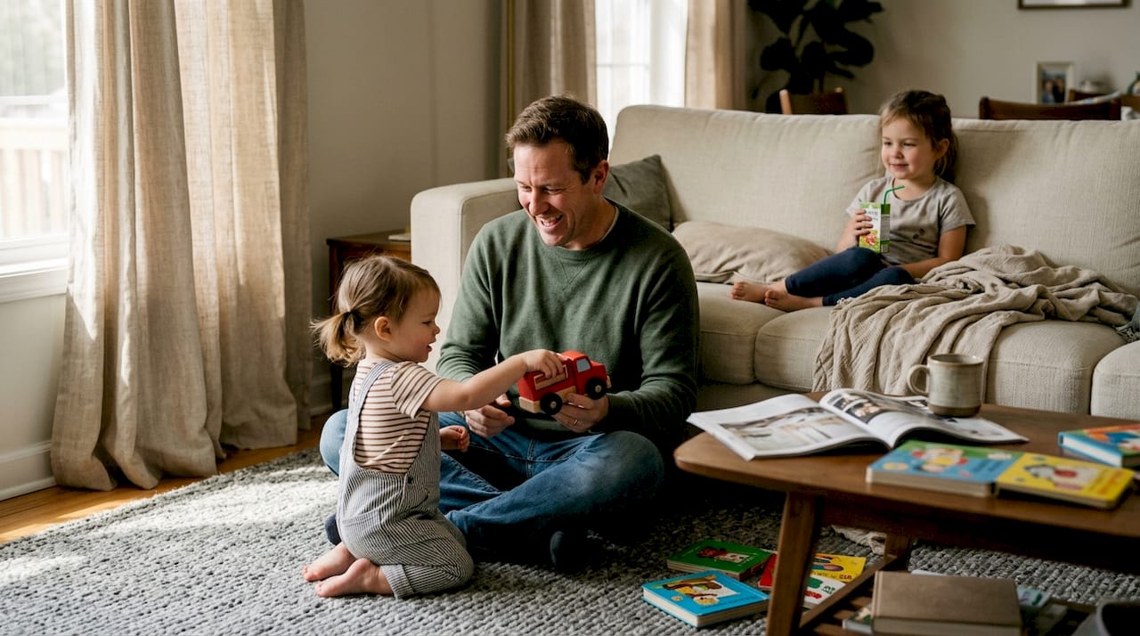 Father and kids play naturally in living room Father and kids play naturally in living room