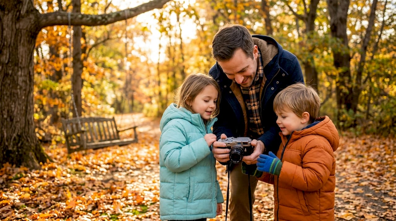 Family walking in autumn New England park