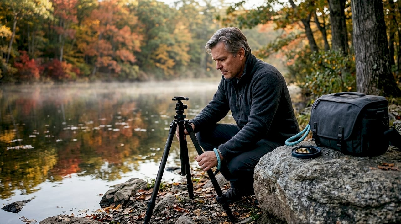 Photographer setting tripod near misty fall pond