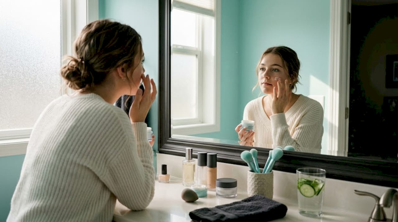 Teen girl preparing makeup at bedroom vanity