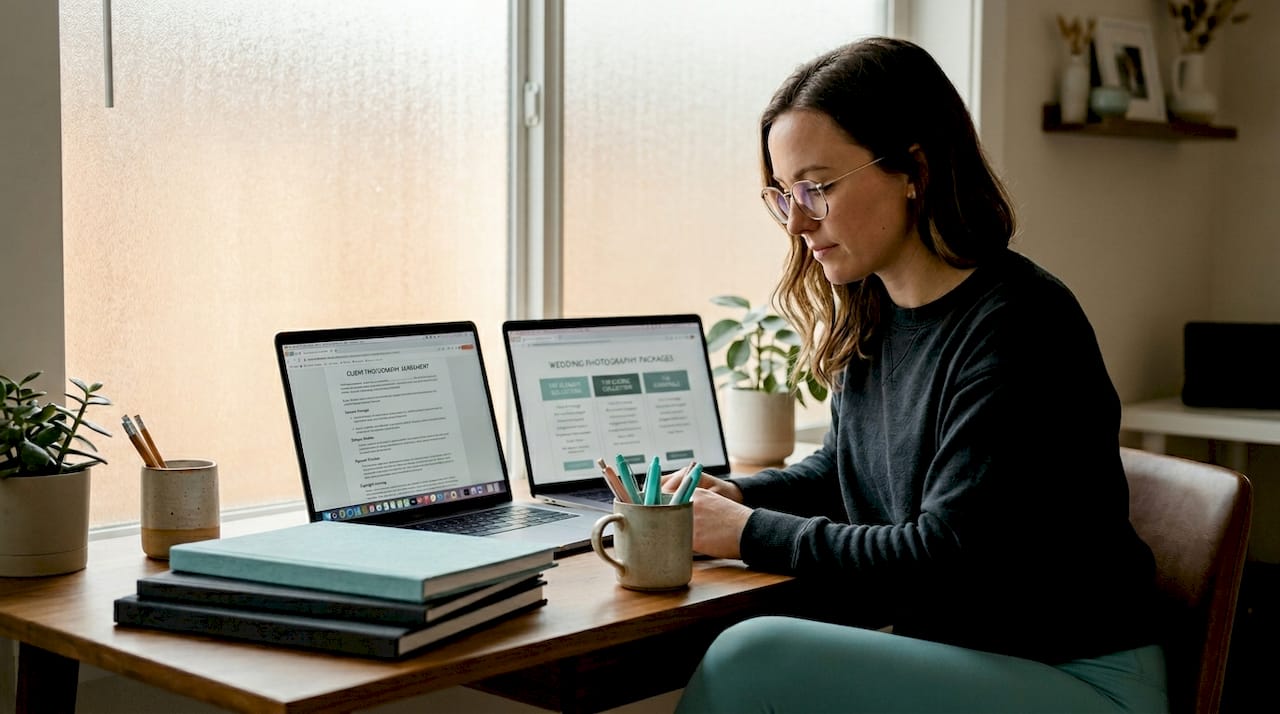 Photographer comparing contract and packages at desk