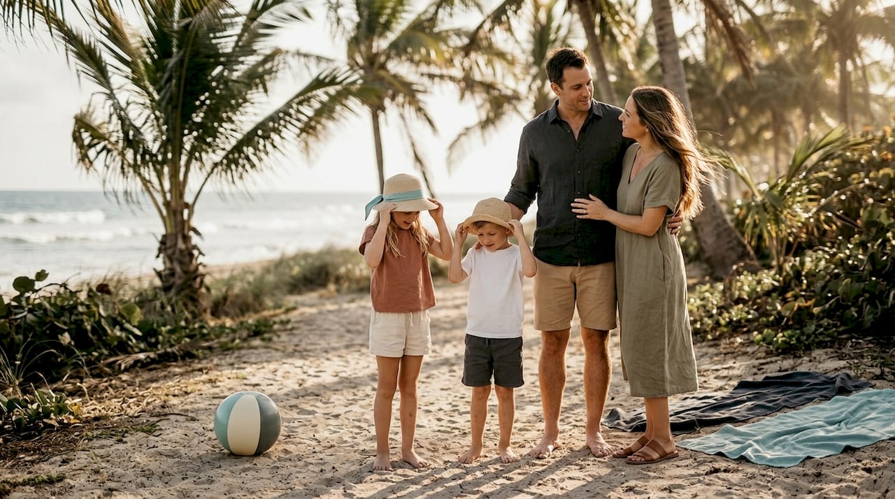 Family preparing for outdoor summer photo in park