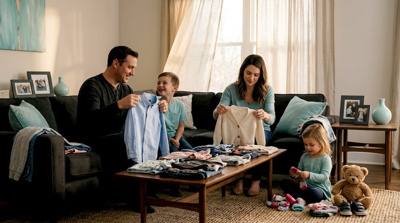 Family choosing clothes for portraits at home