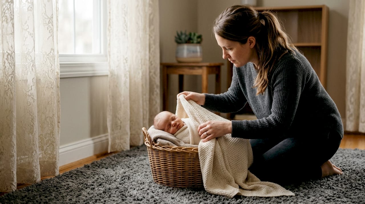 Photographer arranging safe newborn pose in studio