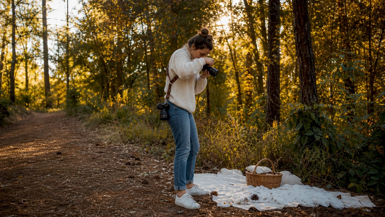 Woman adjusting camera in golden hour outdoors
